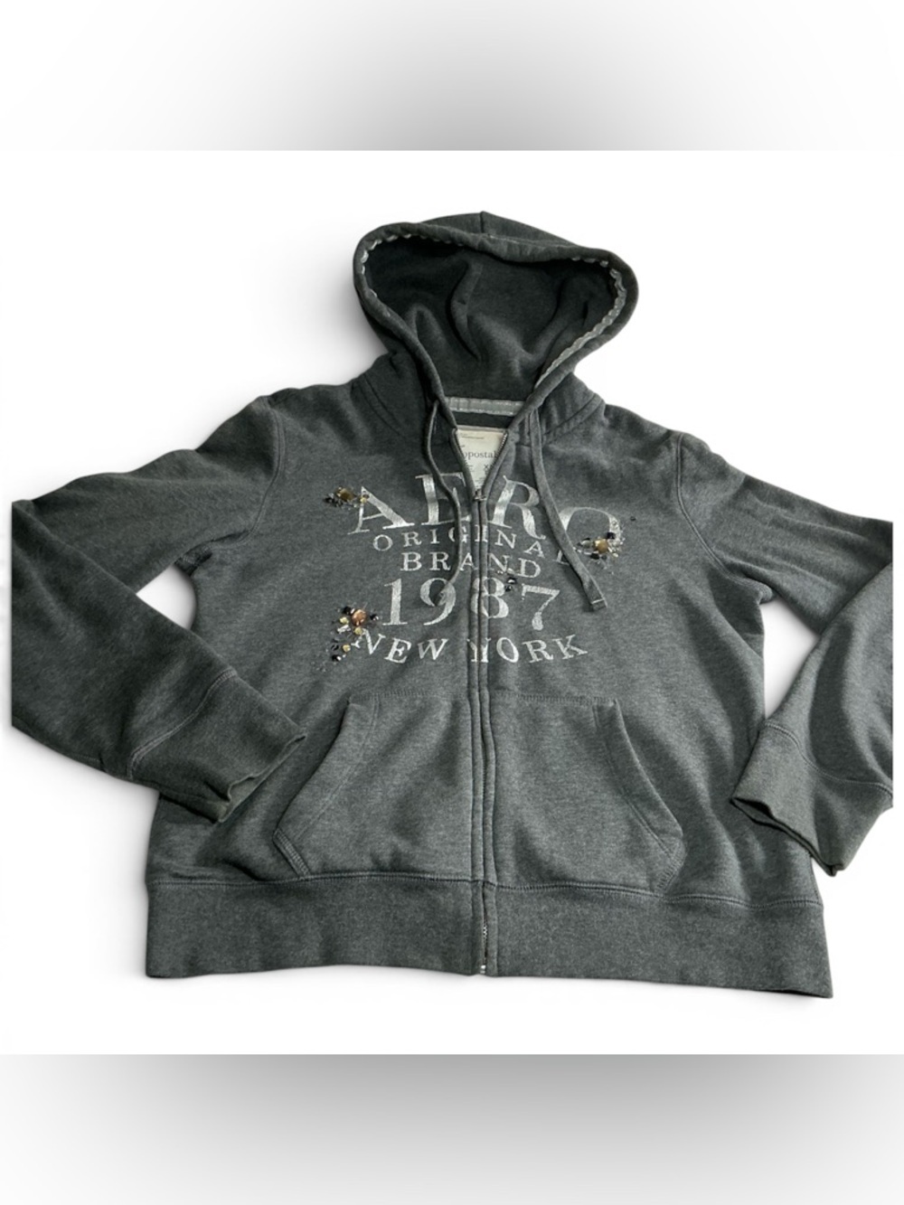 VTG Aeropostale Charcoal Gray Zip-Up Hoodie with Embellished Logo cotton xl